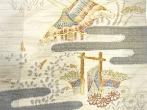 アンティーク　絽　屋敷風景模様　刺繍　名古屋帯